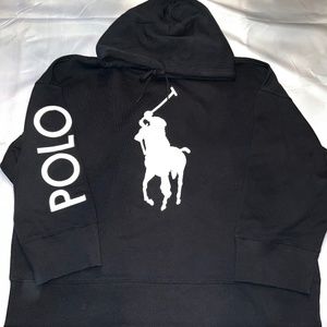 M/L Polo Ralph Lauren Women's Leather Big Pony Hoodie Sweatshirt Oversized Black